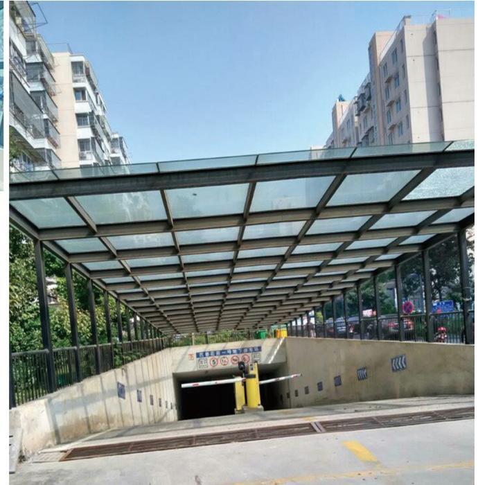 不锈钢玻璃钢架雨棚地下车库钢结构汽车坡道雨棚