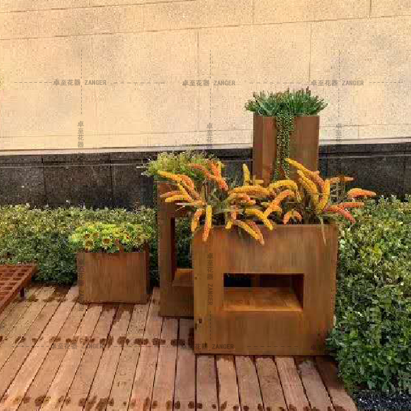 杭州卓至 厂家定制市政工程铁锈板耐候钢花箱 中空花池 耐候钢种植槽 花器